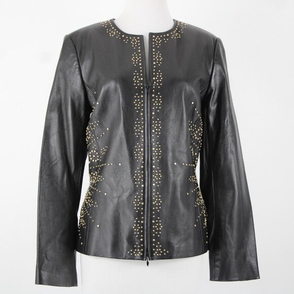 Dana Buchman Sz 12 Black Gold Stud Zipper 100% Leather Acetate Lined Jacket - Picture 14 of 16